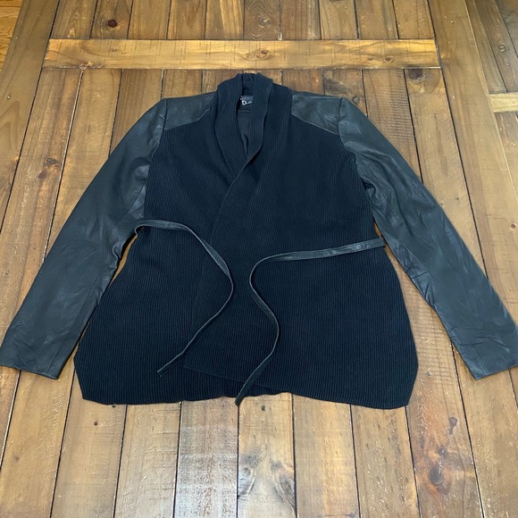 White House Black Market Sweaters - White House Black Market Leather Mixed Media Ribbed Knit Wrap Cardigan XXS Black